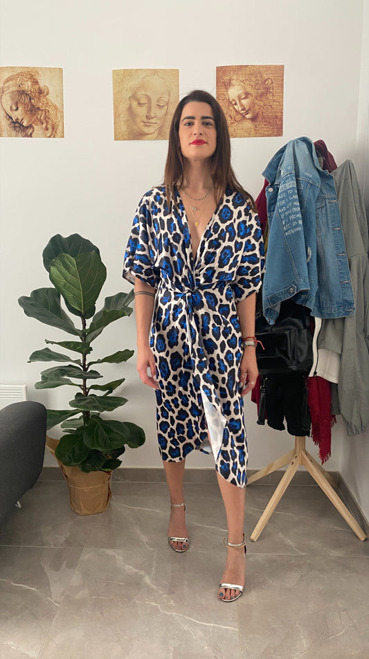 Μπλε λεοπάρ σατέν φόρεμα